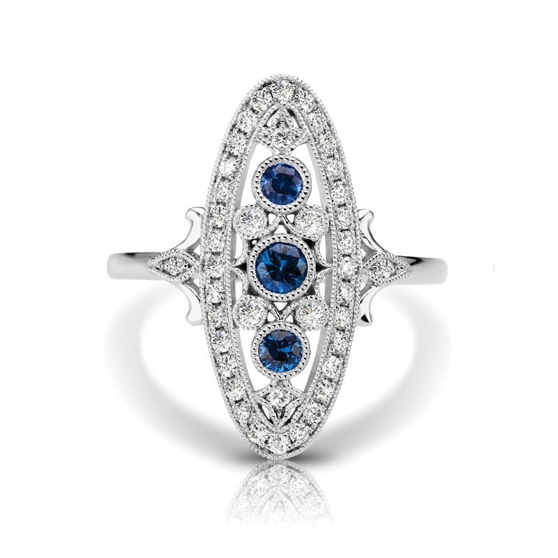 Vintage Inspired 0.35 ct. Natural Blue Sapphire Ring With 0.25 ct. Diamonds Antique Style-in 14K/18K White, Yellow, Rose Gold and Platinum - Christmas Jewelry Gift -VIRABYANI