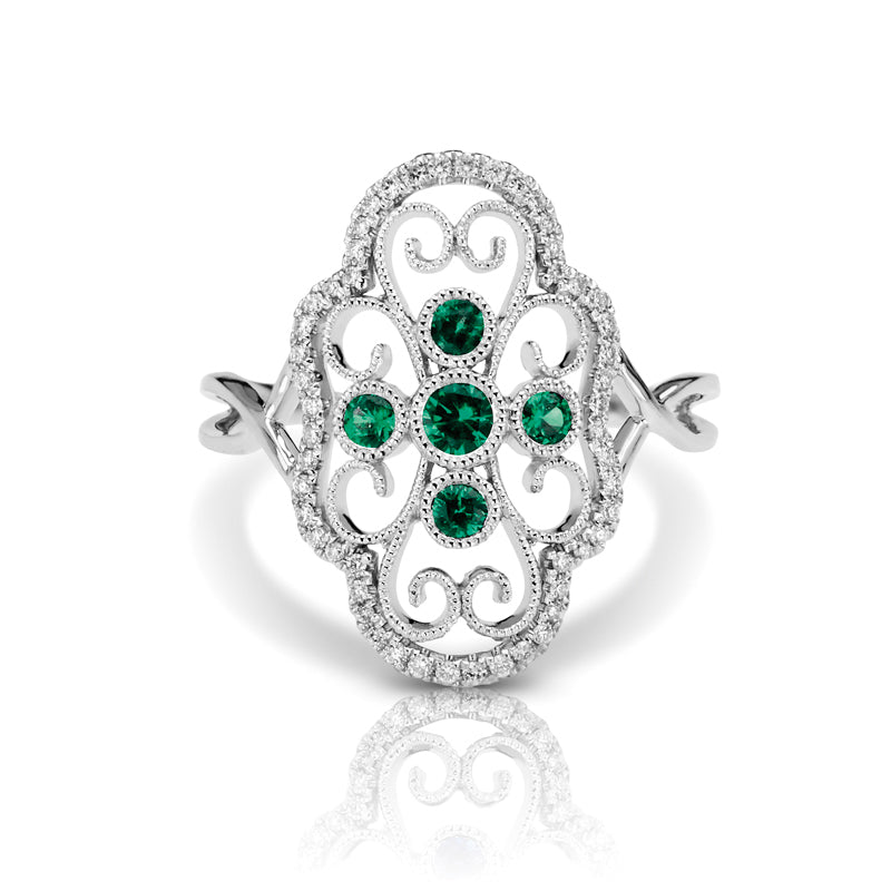 Vintage Inspired 0.20 ct. Natural Round Emerald Ring With 0.16 ct. Diamonds, Antique Style-VIRABYANI