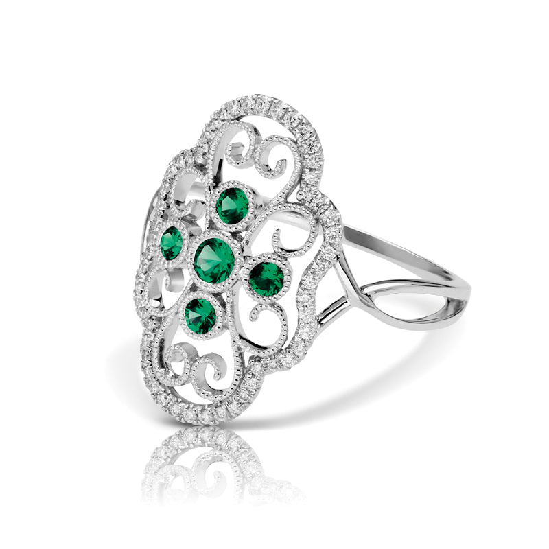 Vintage Inspired 0.20 ct. Natural Round Emerald Ring With 0.16 ct. Diamonds, Antique Style-VIRABYANI