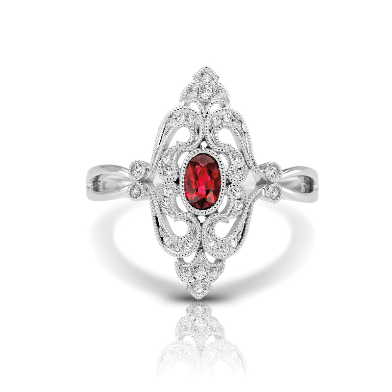 Vintage Inspired 0.34 ct. Natural Ruby Ring With 0.10 ct. Diamonds, Antique Style-VIRABYANI