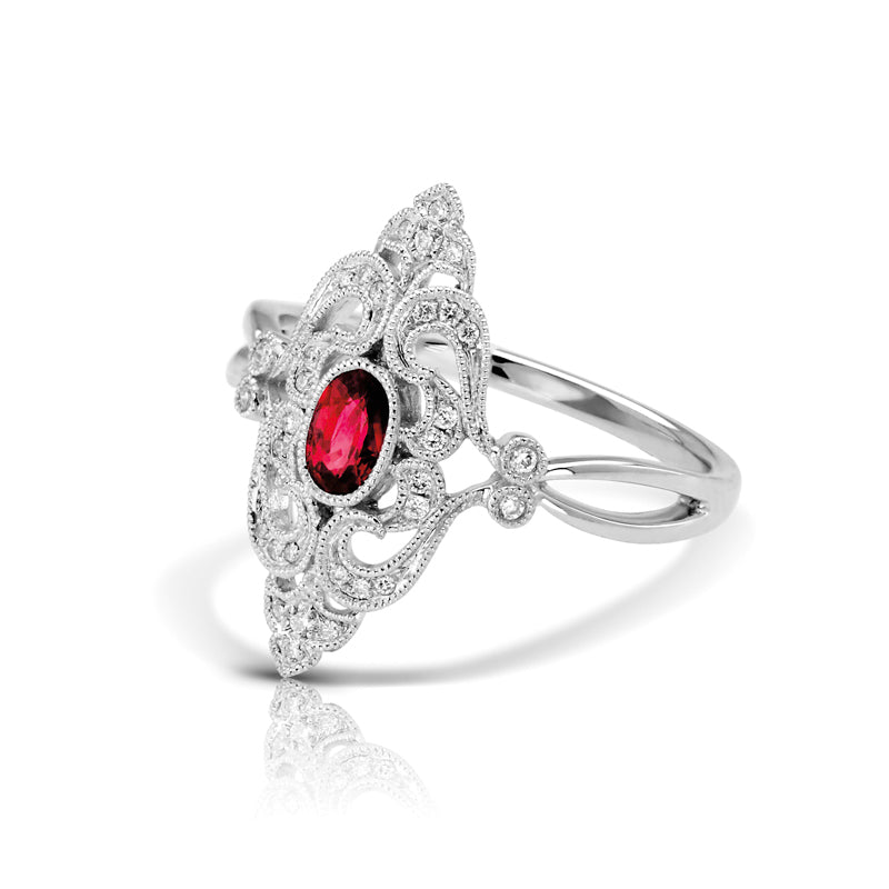 Vintage Inspired 0.34 ct. Natural Ruby Ring With 0.10 ct. Diamonds, Antique Style-VIRABYANI