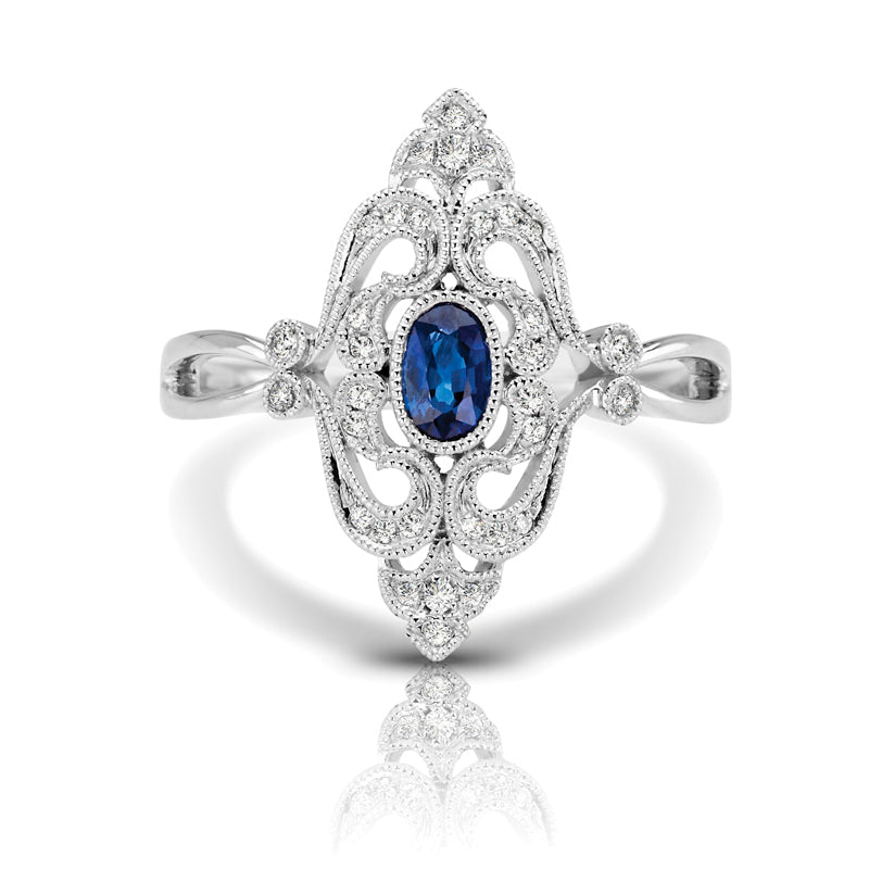 Vintage Inspired 0.34 ct. Natural Blue Sapphire Ring With 0.10 ct. Diamonds, Antique Design-in 14K/18K White, Yellow, Rose Gold and Platinum - Christmas Jewelry Gift -VIRABYANI