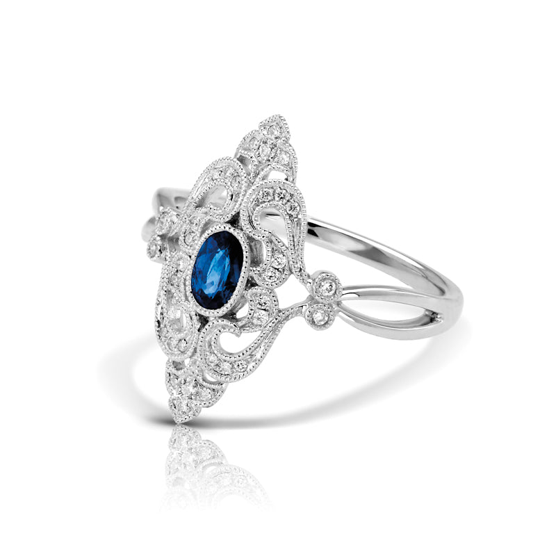 Vintage Inspired 0.34 ct. Natural Blue Sapphire Ring With 0.10 ct. Diamonds, Antique Design-VIRABYANI
