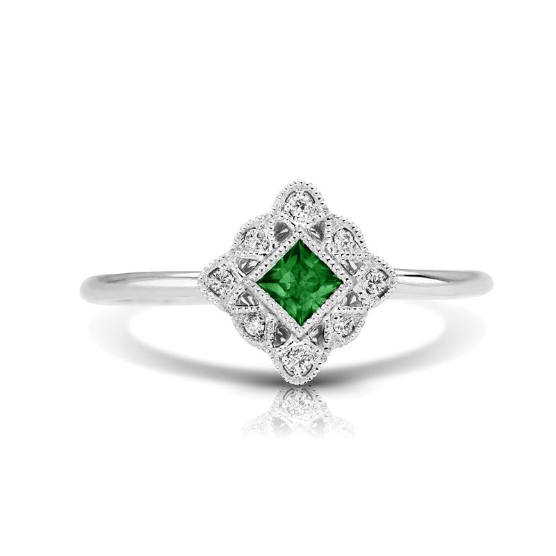Vintage Inspired 0.16 ct. Natural Princess Cut Emerald Ring With 0.05 ct. Diamonds , Antique Style-VIRABYANI