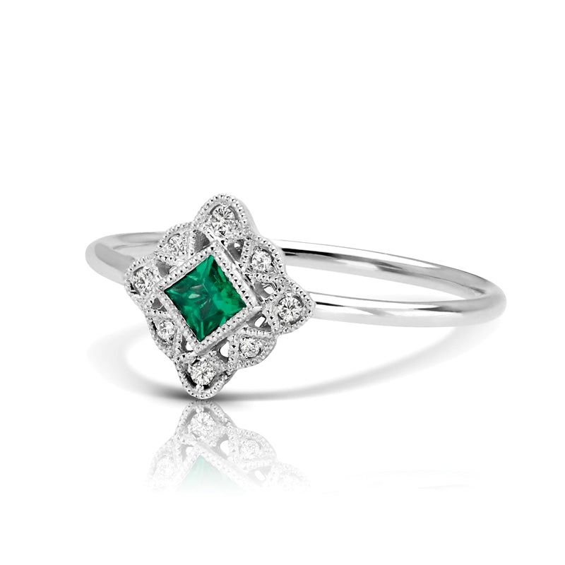 Vintage Inspired 0.16 ct. Natural Princess Cut Emerald Ring With 0.05 ct. Diamonds , Antique Style-VIRABYANI