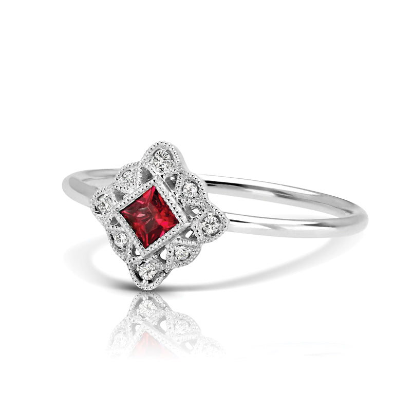 Vintage Inspired 0.16 ct. Natural Ruby Ring With 0.05 ct. Diamonds, Antique Style-VIRABYANI
