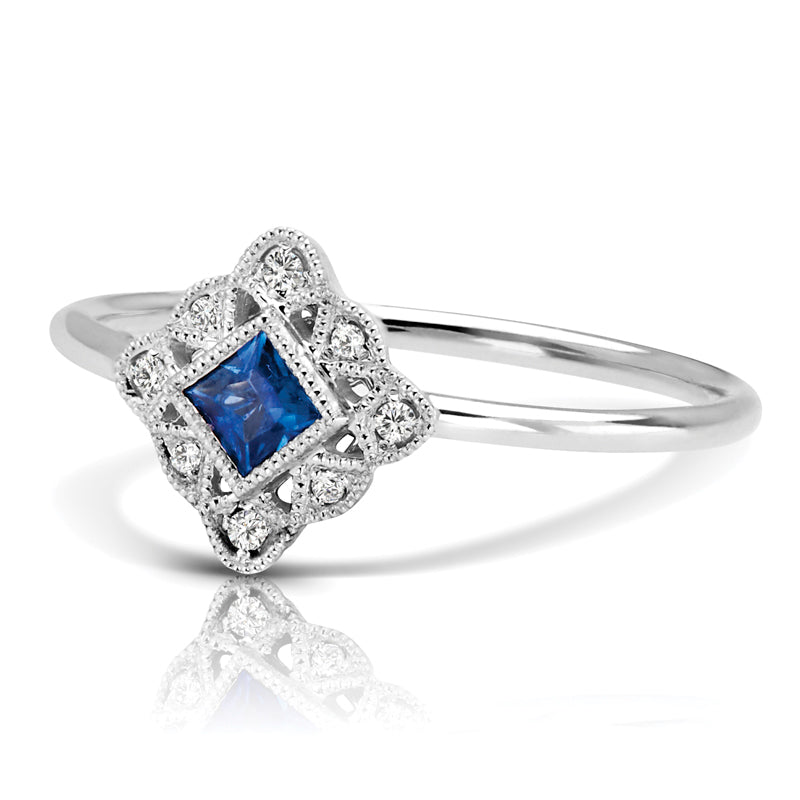 Vintage Inspired 0.16 ct. Natural Blue Sapphire Ring With 0.05 ct. Diamonds, Antique Style-VIRABYANI