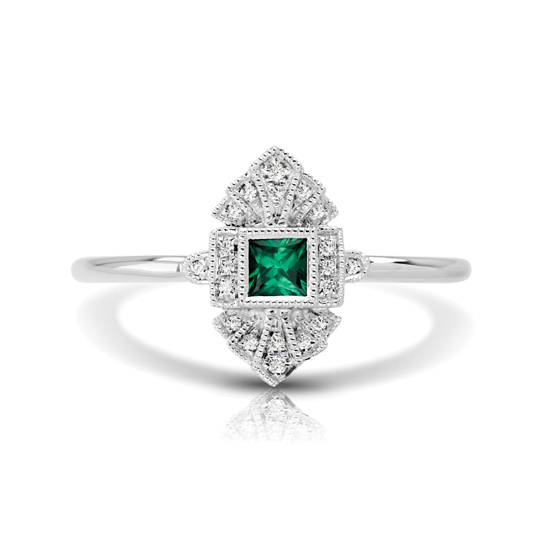 Vintage Inspired 0.16 ct. Natural Princess Cut Emerald Ring With 0.05 ct. Diamonds, Antique Design-in 14K/18K White, Yellow, Rose Gold and Platinum - Christmas Jewelry Gift -VIRABYANI