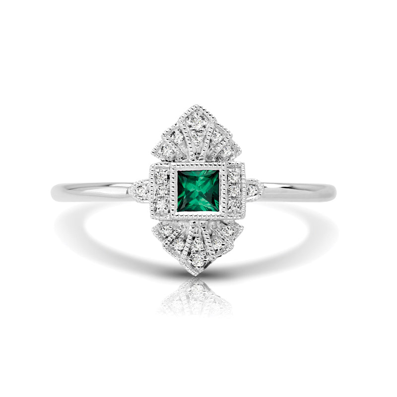 Vintage Inspired 0.16 ct. Natural Princess Cut Emerald Ring With 0.05 ct. Diamonds, Antique Design-VIRABYANI