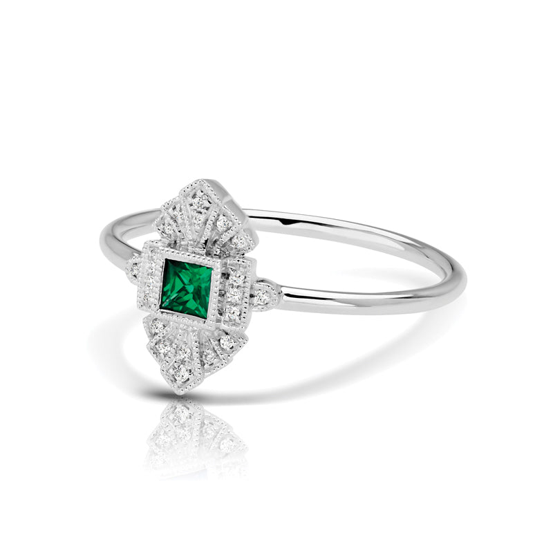 Vintage Inspired 0.16 ct. Natural Princess Cut Emerald Ring With 0.05 ct. Diamonds, Antique Design-VIRABYANI