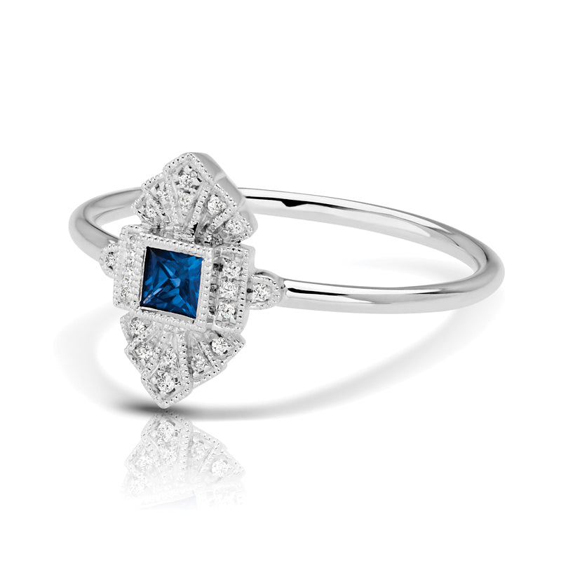 Vintage Inspired 0.16 ct. Natural Blue Sapphire Ring With 0.05 ct. Diamonds, Antique Style-VIRABYANI