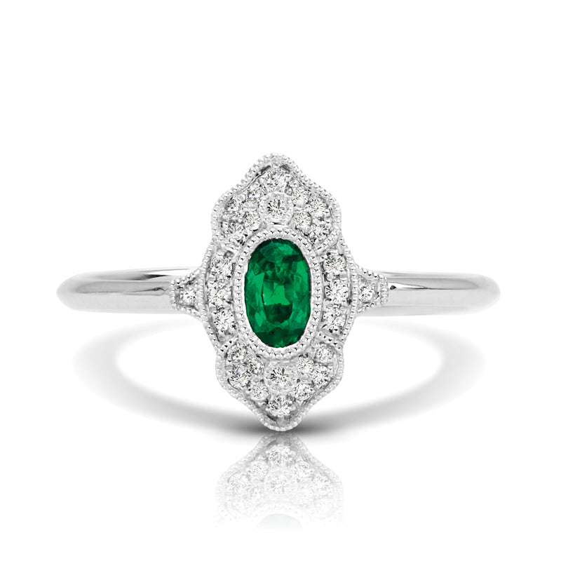 Vintage Inspired 0.34 ct. Natural Oval Emerald Ring With 0.10 ct. Diamonds-VIRABYANI