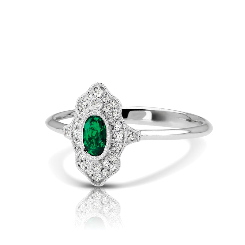 Vintage Inspired 0.34 ct. Natural Oval Emerald Ring With 0.10 ct. Diamonds-VIRABYANI