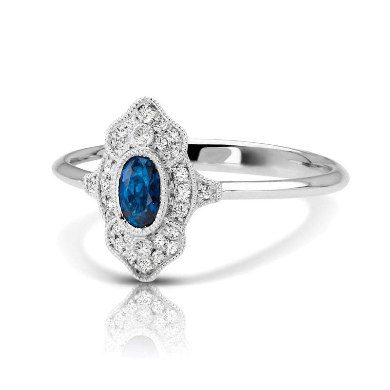 Vintage Inspired 0.34 ct. Natural Oval Blue Sapphire Ring With 0.10 ct. Diamonds-VIRABYANI