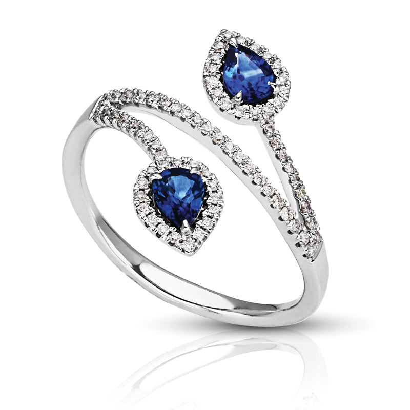 Leaf Design 0.50 ct. Natural Pear Shape Blue Sapphire Two Stone Ring With 0.20 ct. Diamonds-VIRABYANI