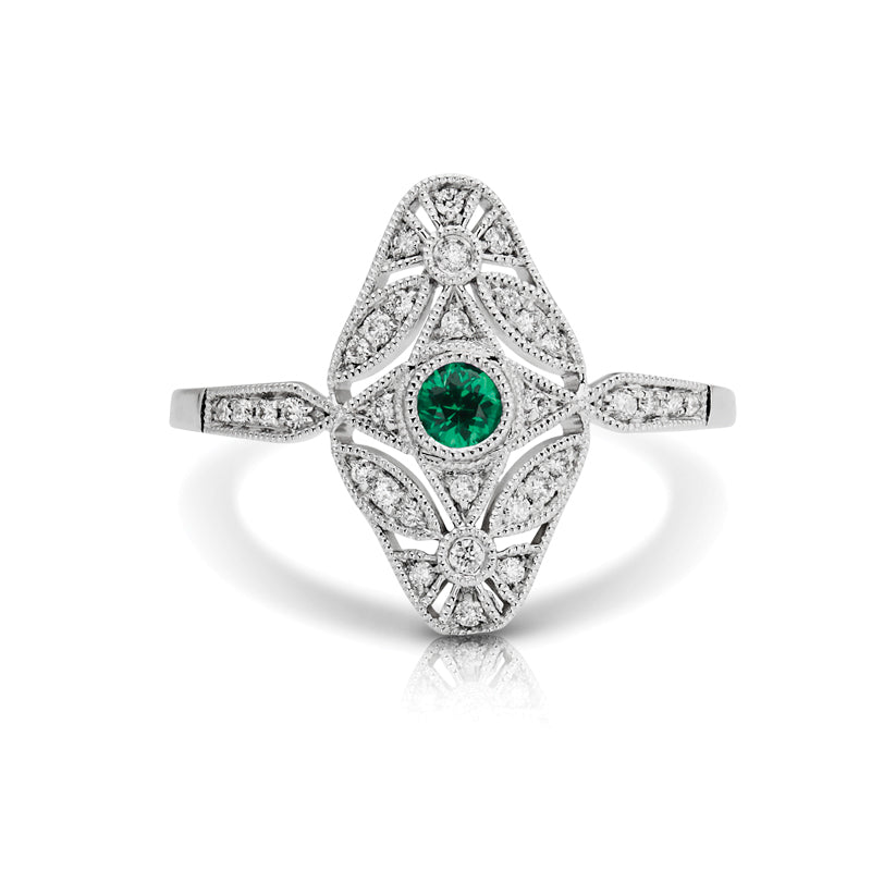 Vintage Inspired 0.10 ct. Natural Emerald Ring With 0.12 ct. Diamonds-in 14K/18K White, Yellow, Rose Gold and Platinum - Christmas Jewelry Gift -VIRABYANI