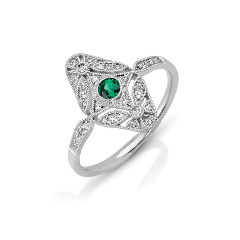 Vintage Inspired 0.10 ct. Natural Emerald Ring With 0.12 ct. Diamonds-in 14K/18K White, Yellow, Rose Gold and Platinum - Christmas Jewelry Gift -VIRABYANI