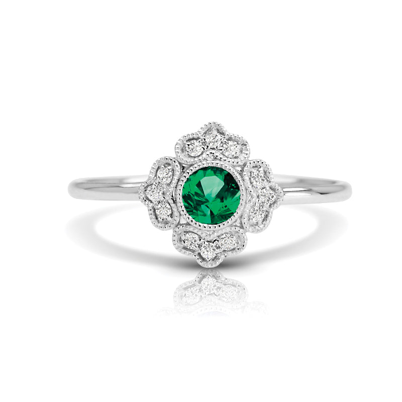 Vintage Inspired Natural Emerald Ring With Diamonds-in 14K/18K White, Yellow, Rose Gold and Platinum - Christmas Jewelry Gift -VIRABYANI