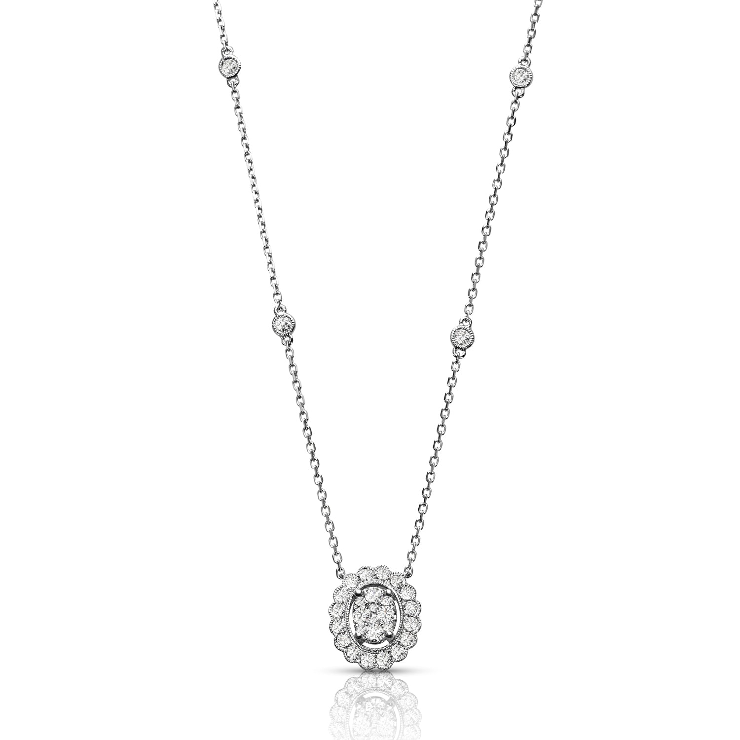 Milgrain 0.50 ctw Diamond Oval Halo Cluster Necklace Pendant-VIRABYANI