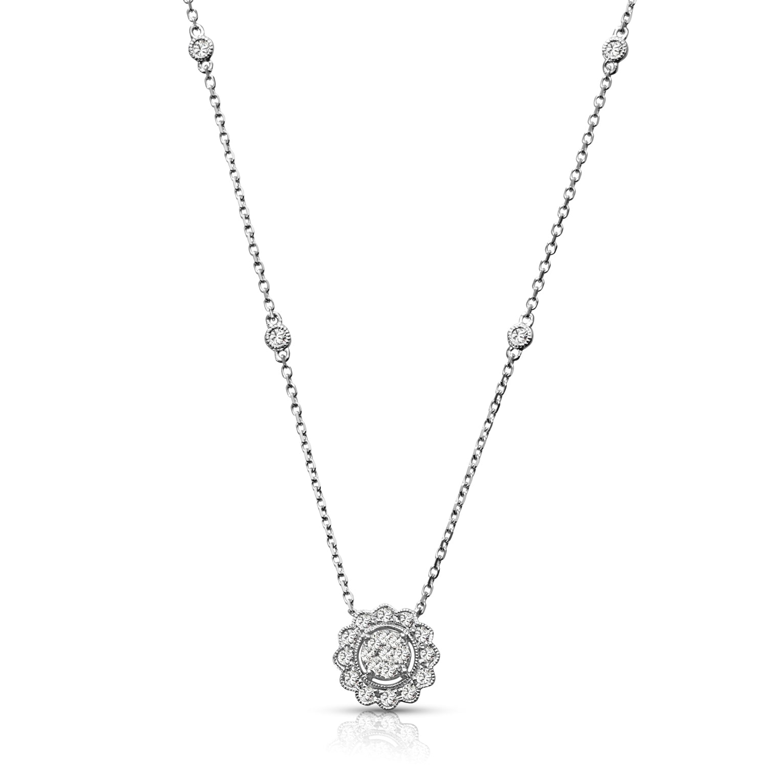 Milgrain 0.33 ctw Diamond Halo Cluster Necklace Pendant-VIRABYANI
