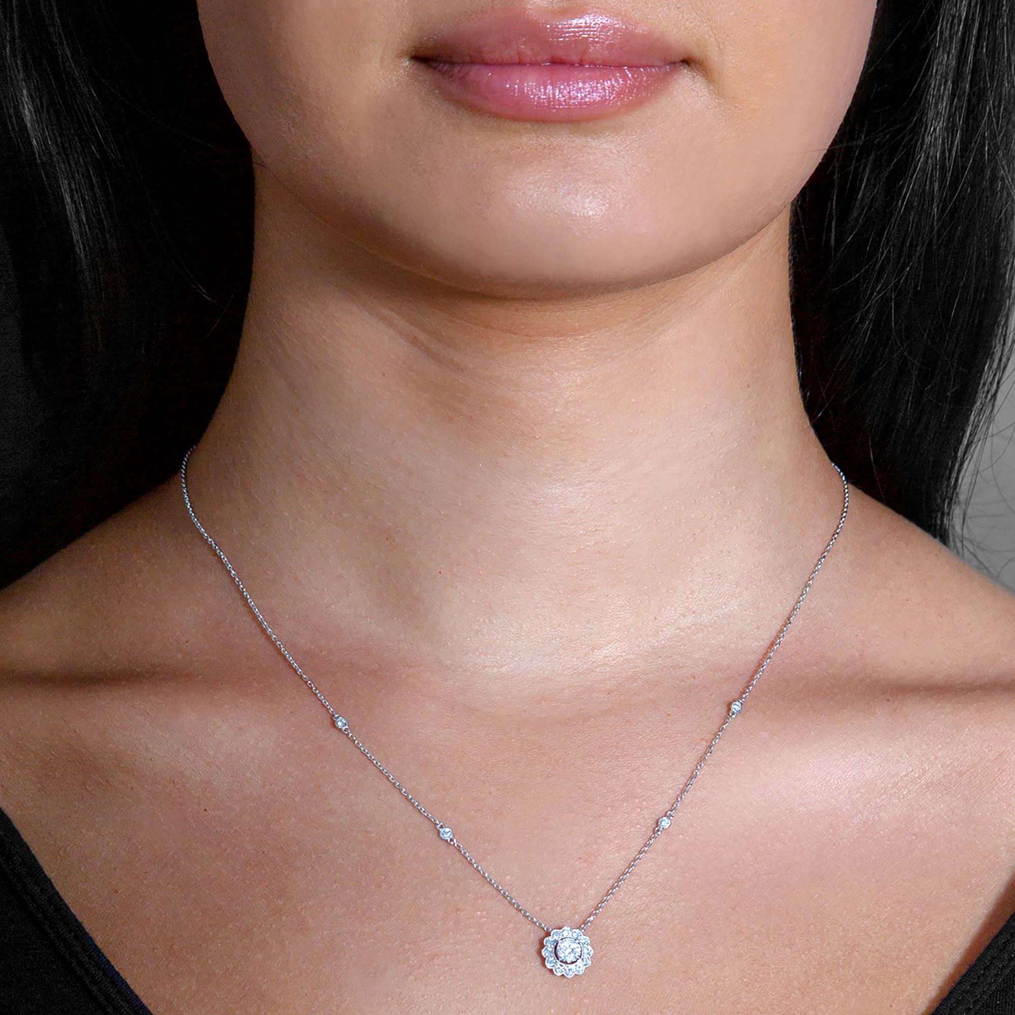 Milgrain 0.33 ctw Diamond Halo Cluster Necklace Pendant-in 14K/18K White, Yellow, Rose Gold and Platinum - Christmas Jewelry Gift -VIRABYANI
