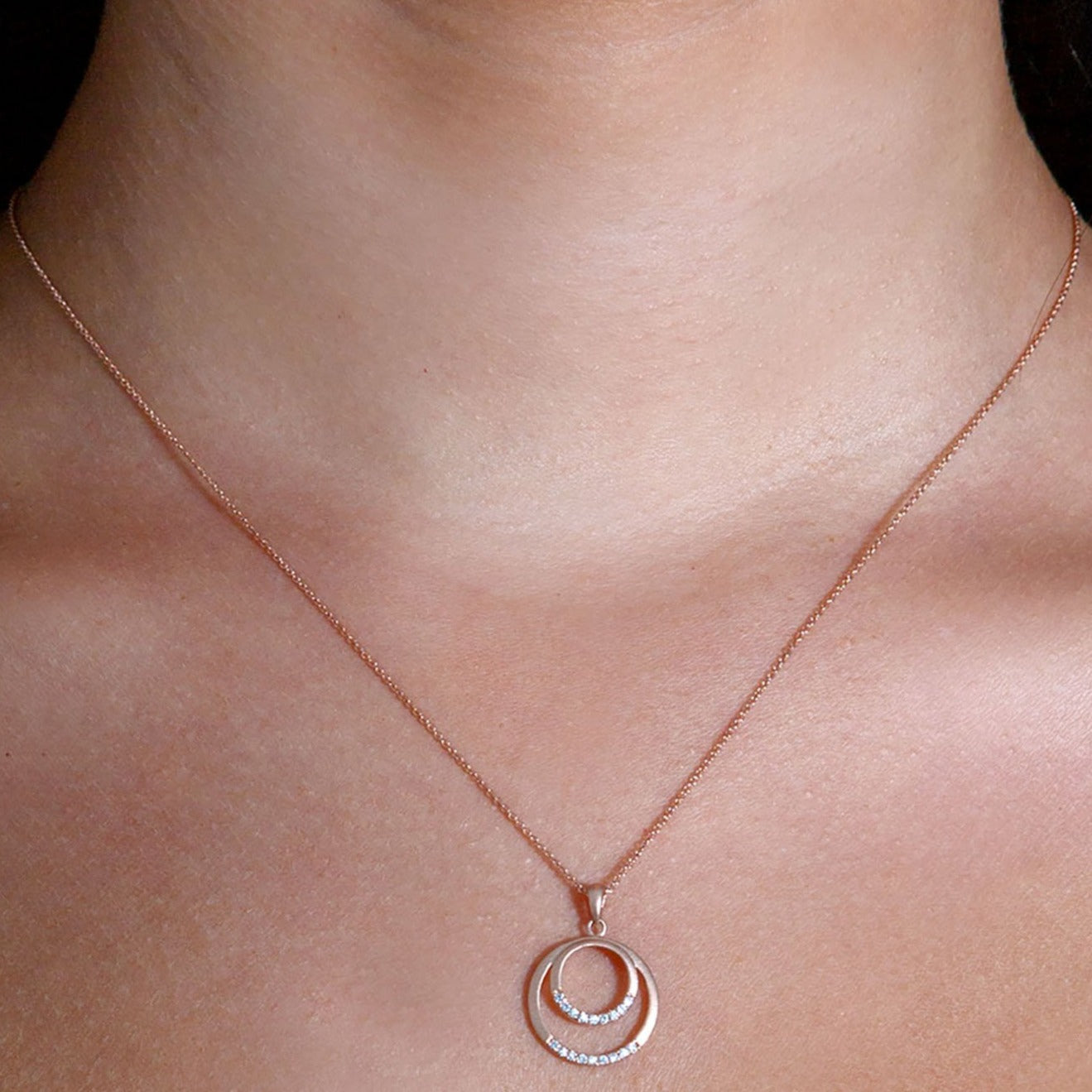 Double Circle 0.10 ctw Diamond Necklace Pendant-VIRABYANI