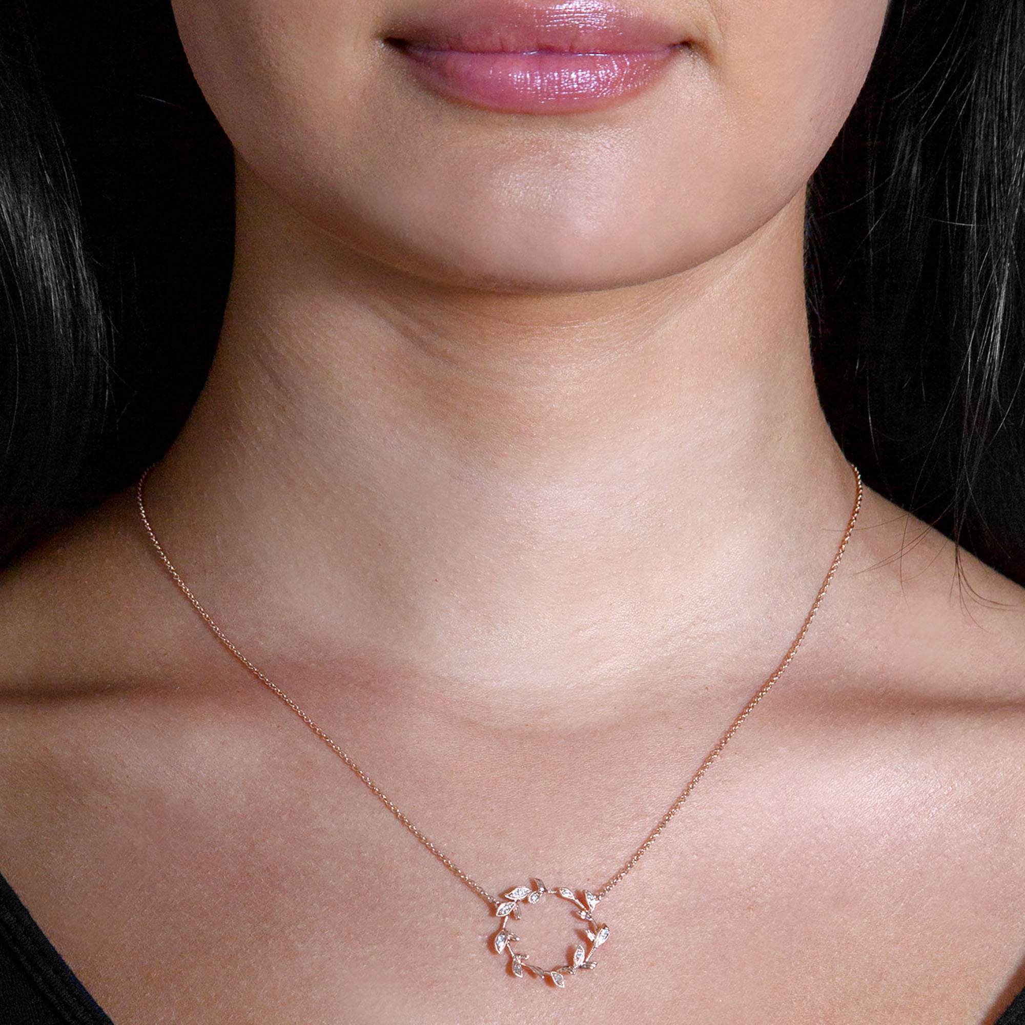Milgrain Leaf Circle Diamond Necklace Pendant-in 14K/18K White, Yellow, Rose Gold and Platinum - Christmas Jewelry Gift -VIRABYANI