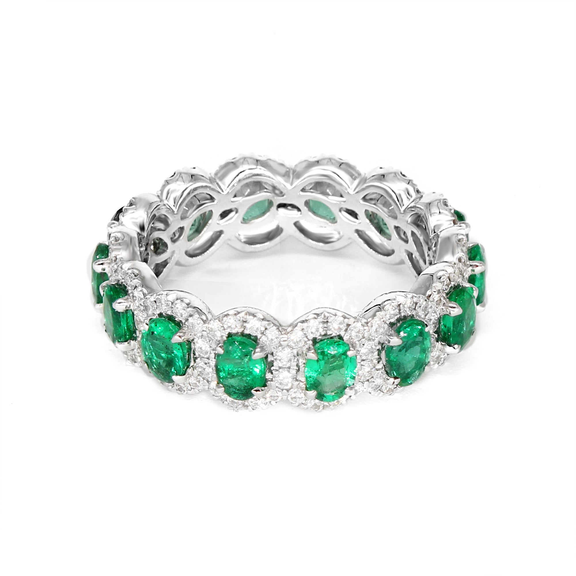 2.50 ct. Genuine Oval Emerald Eternity Ring With 0.70 ct. Diamond Halo-in 14K/18K White, Yellow, Rose Gold and Platinum - Christmas Jewelry Gift -VIRABYANI