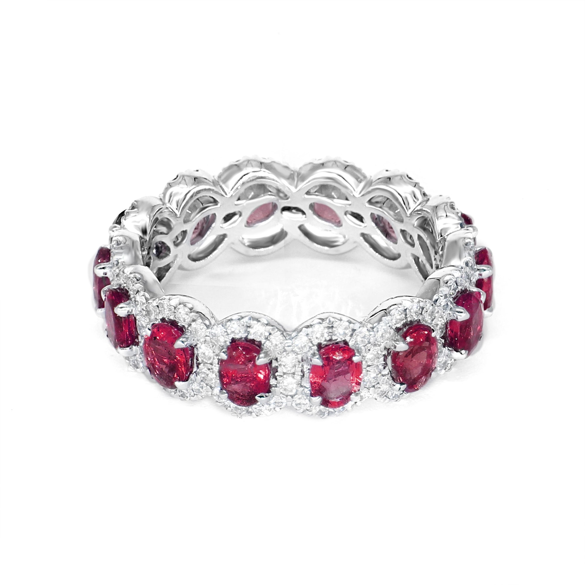 3.17 ct. Genuine Oval Ruby Eternity Ring With 0.79 ct. Diamond Halo-in 14K/18K White, Yellow, Rose Gold and Platinum - Christmas Jewelry Gift -VIRABYANI