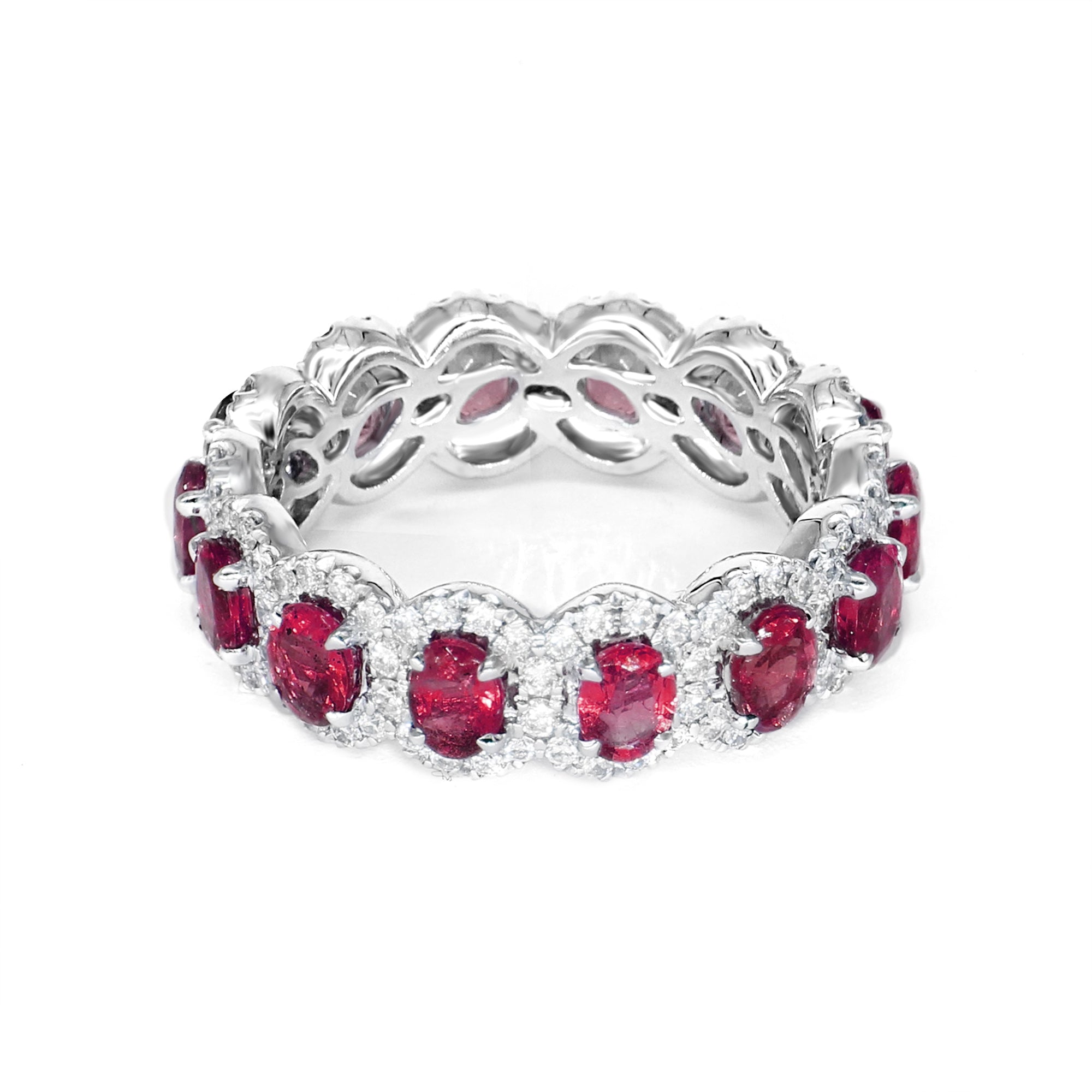 3.17 ct. Genuine Oval Ruby Eternity Ring With 0.79 ct. Diamond Halo-VIRABYANI
