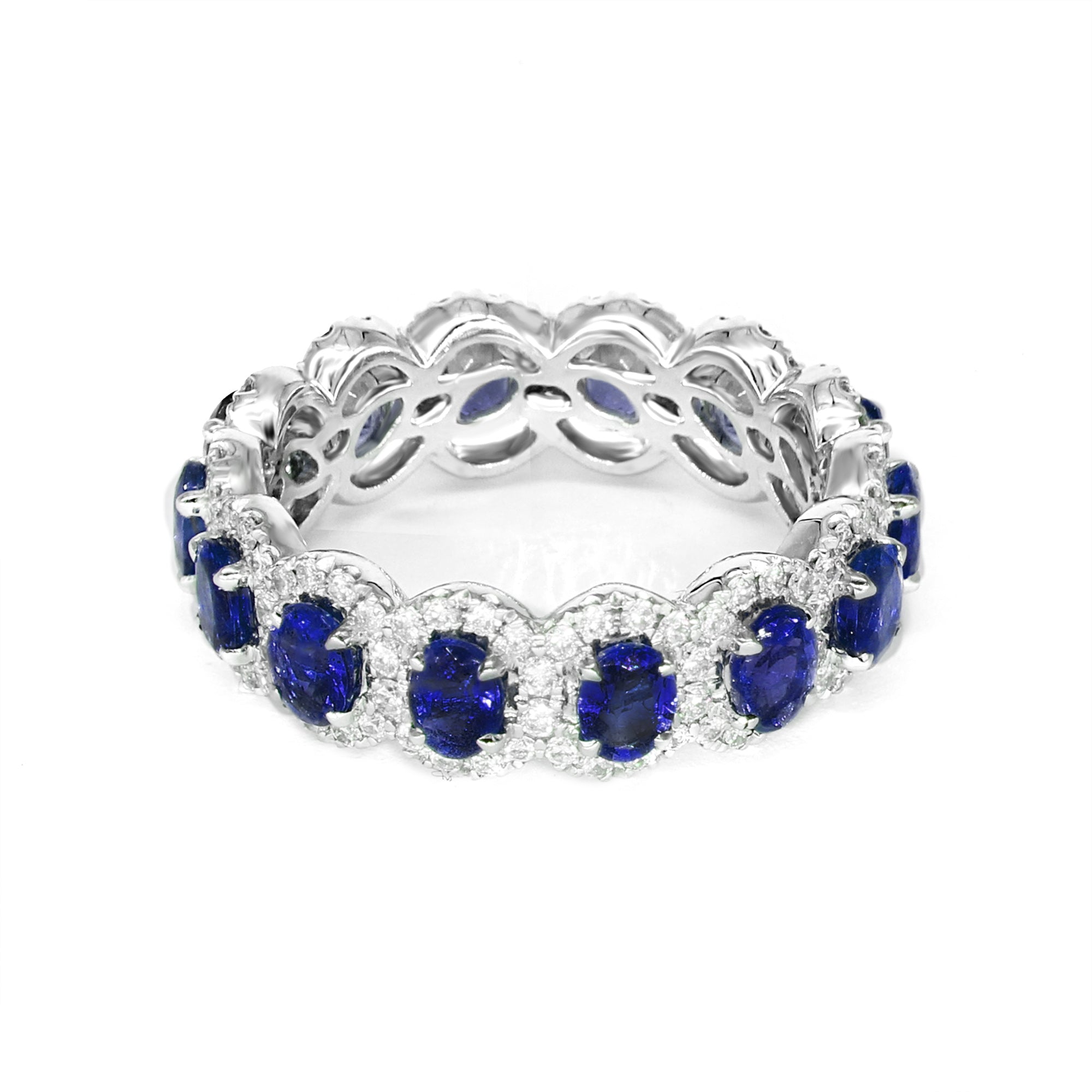 3.05 ct. Genuine Blue Oval Sapphire Eternity Ring With 0.68 ct. Diamonds Halo-VIRABYANI