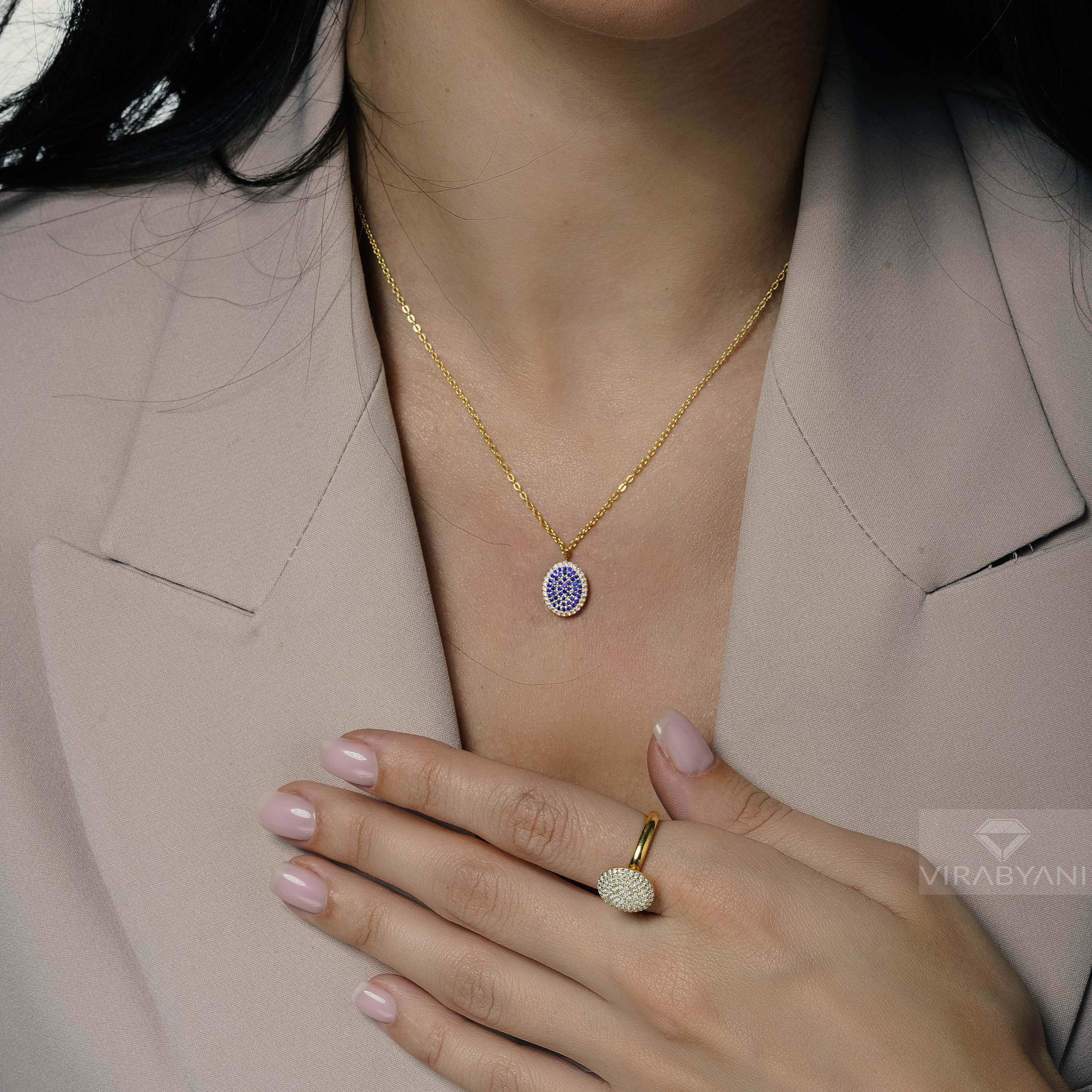 Double Sided Diamond & Sapphire Oval Shaped AMoré Pavé Necklace-VIRABYANI