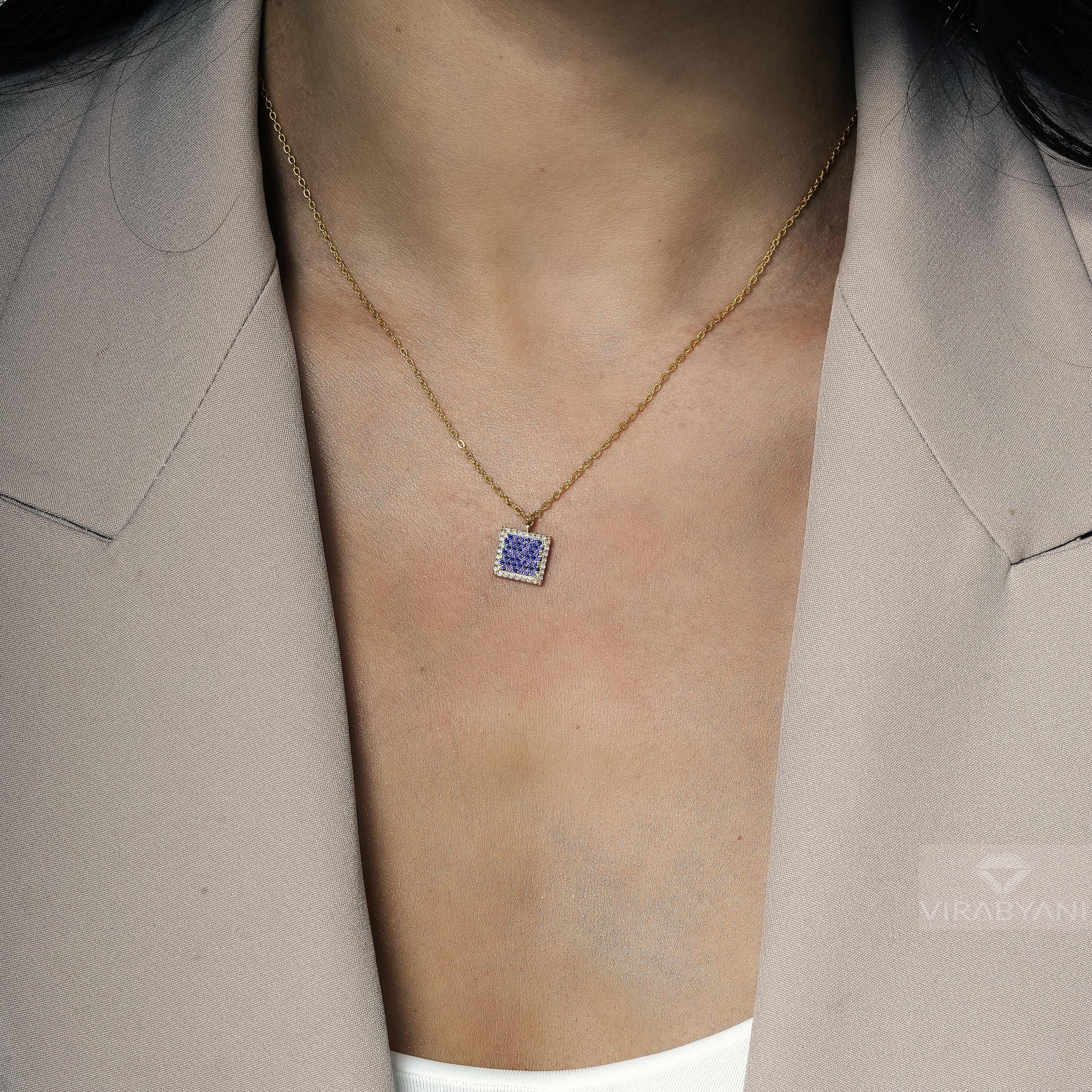 Double Sided Diamond & Sapphire Square Shaped AMoré Pavé Necklace-VIRABYANI