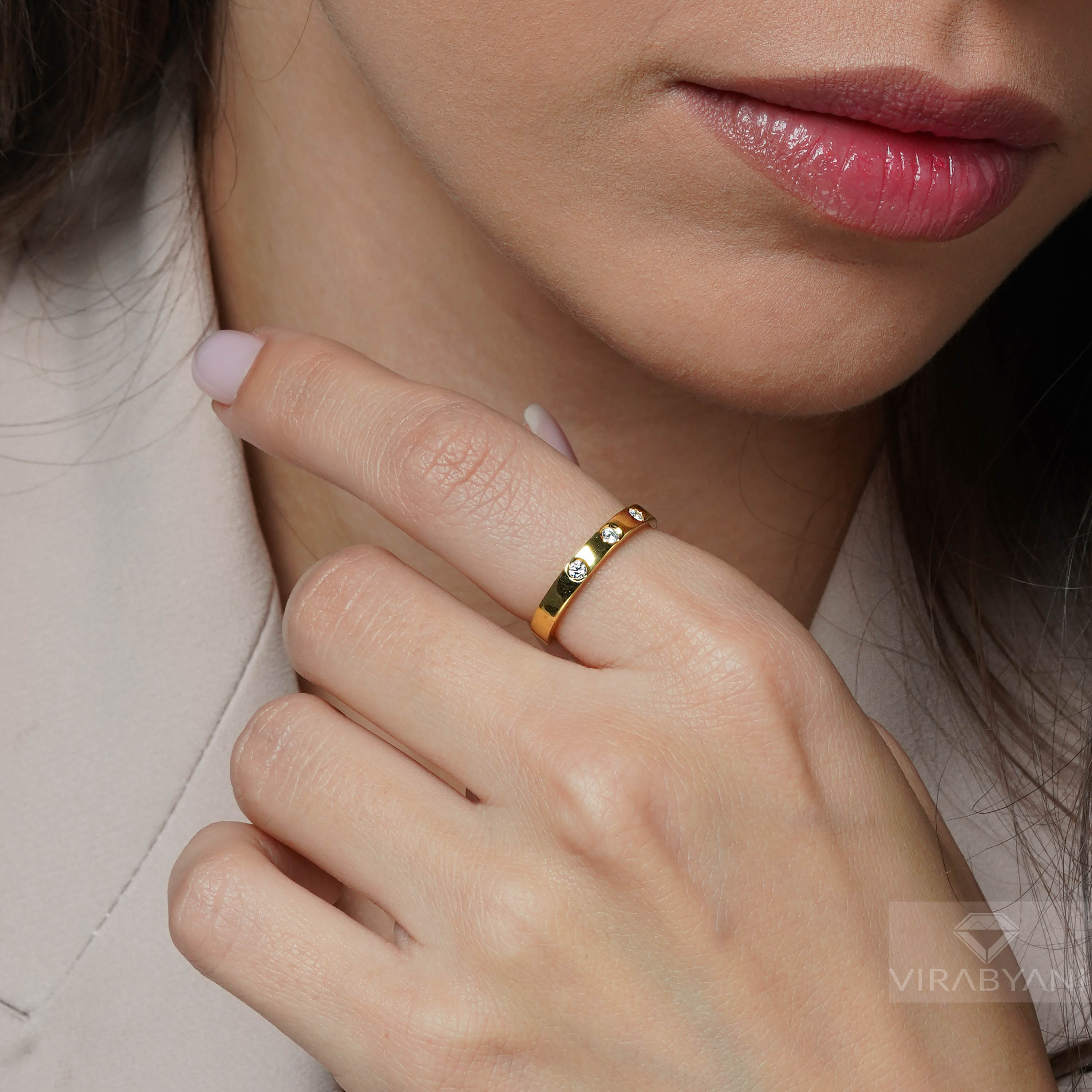 Bezel Set Round Diamond Five Stone Band Square Edges-VIRABYANI