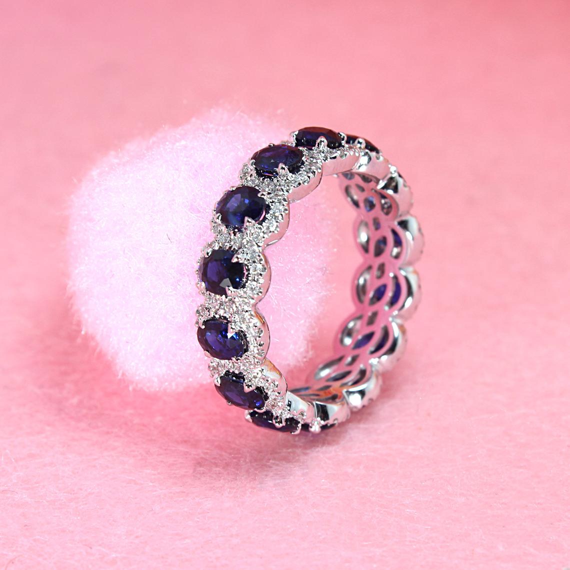 3.05 ct. Genuine Blue Oval Sapphire Eternity Ring With 0.68 ct. Diamonds Halo-VIRABYANI