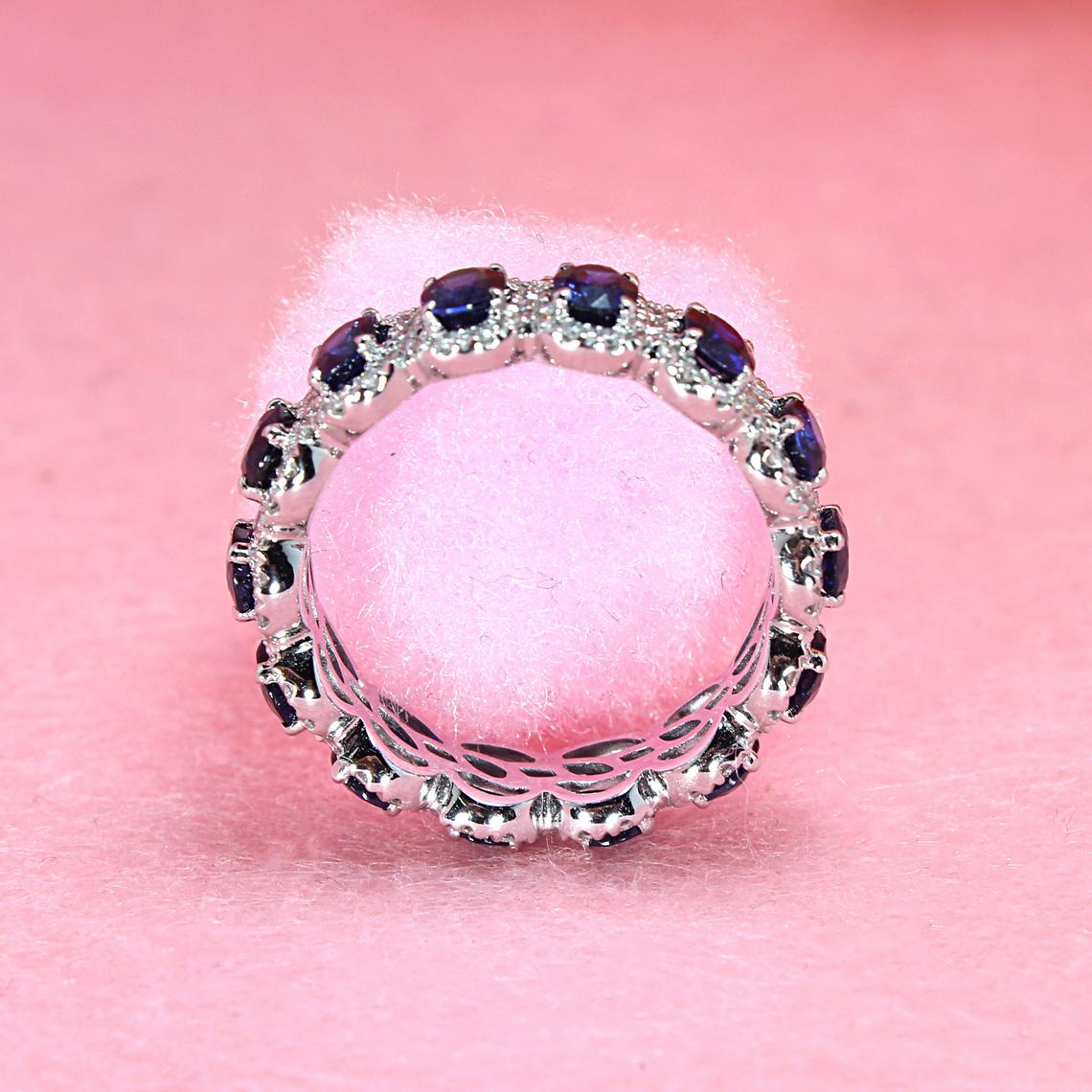 3.05 ct. Genuine Blue Oval Sapphire Eternity Ring With 0.68 ct. Diamonds Halo-VIRABYANI