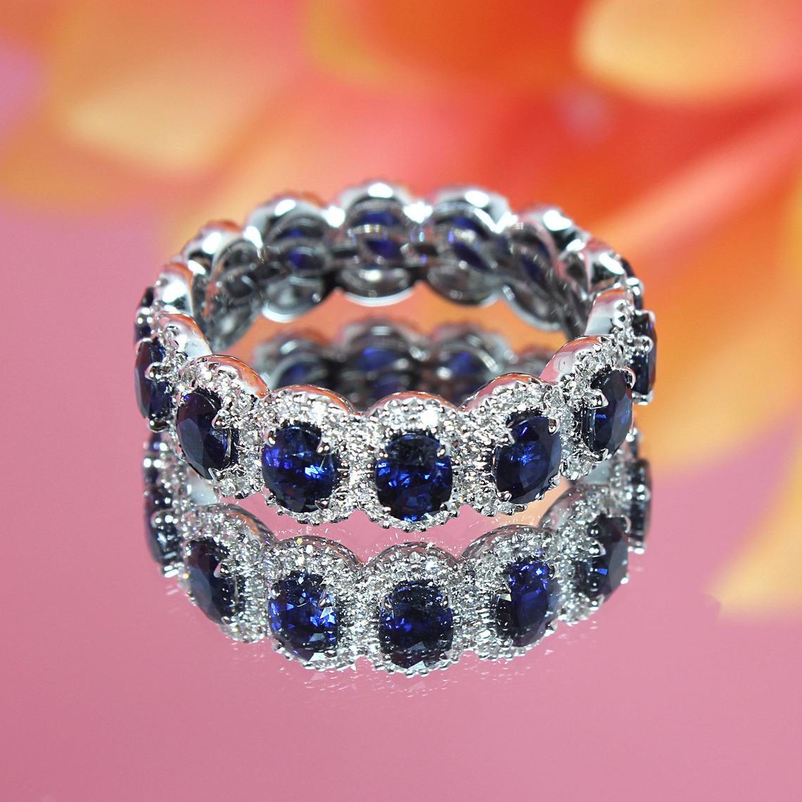 3.05 ct. Genuine Blue Oval Sapphire Eternity Ring With 0.68 ct. Diamonds Halo-VIRABYANI