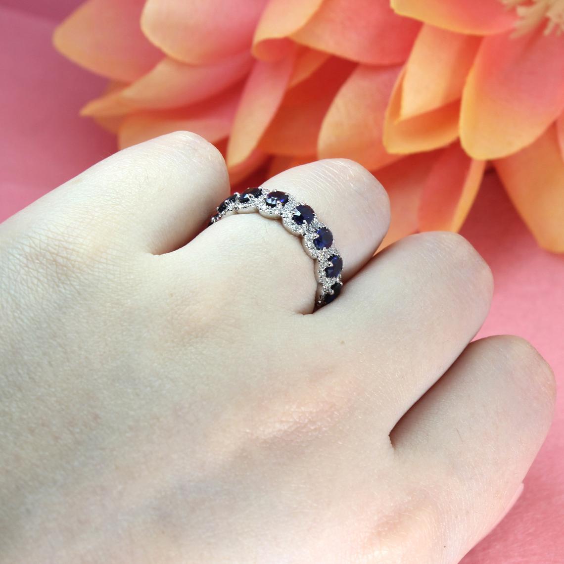 3.05 ct. Genuine Blue Oval Sapphire Eternity Ring With 0.68 ct. Diamonds Halo-VIRABYANI