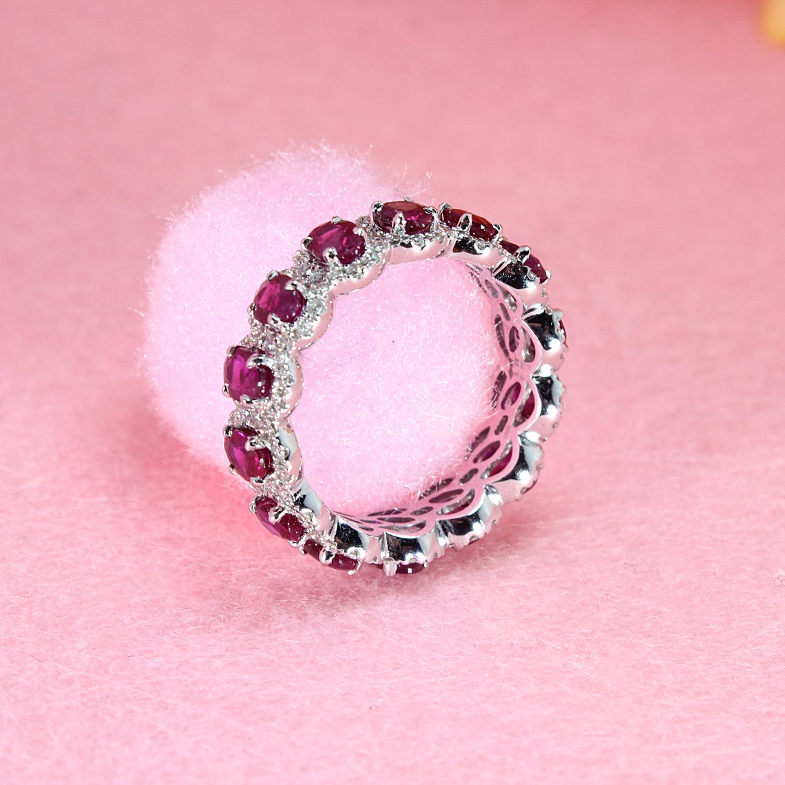 3.17 ct. Genuine Oval Ruby Eternity Ring With 0.79 ct. Diamond Halo-VIRABYANI