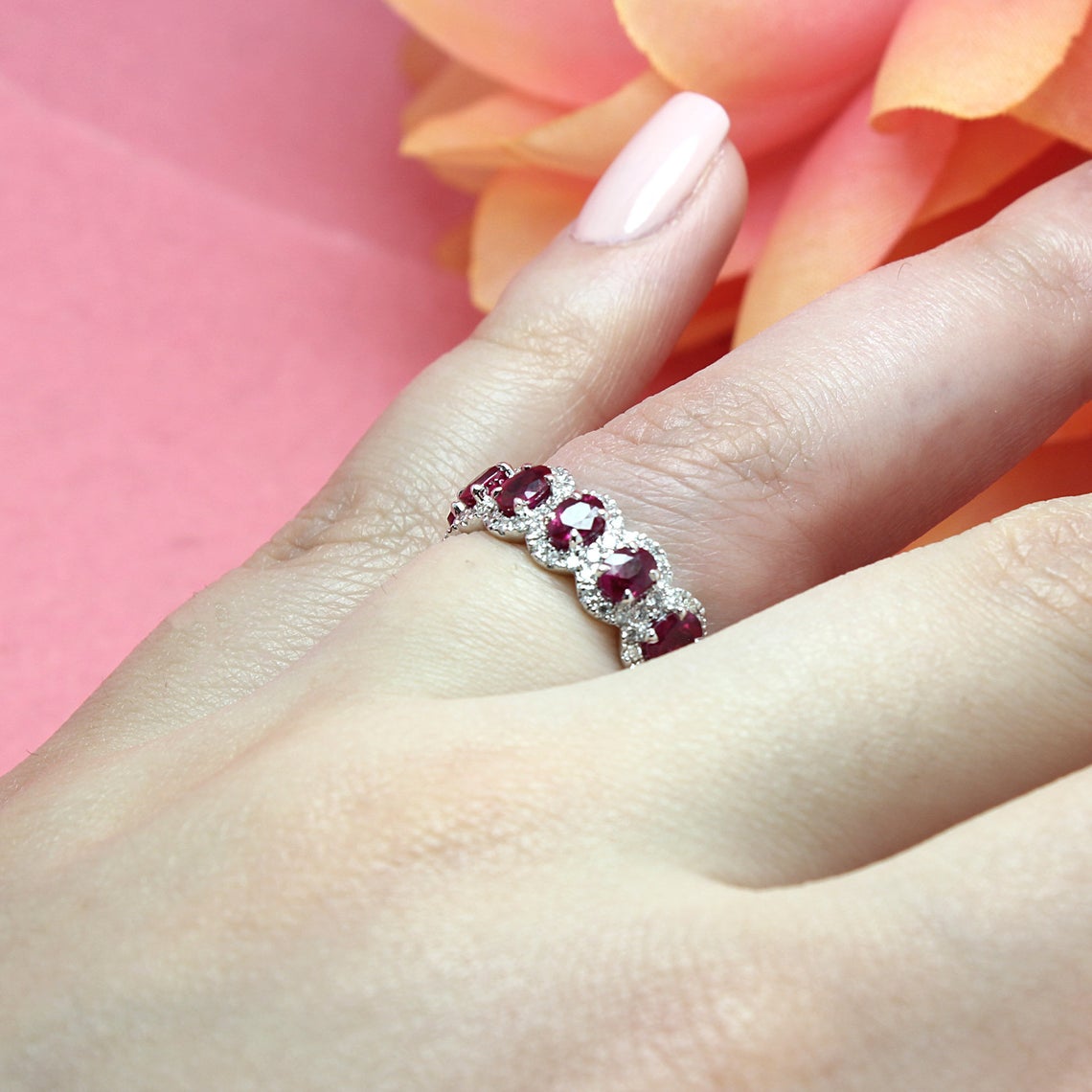 3.17 ct. Genuine Oval Ruby Eternity Ring With 0.79 ct. Diamond Halo-VIRABYANI