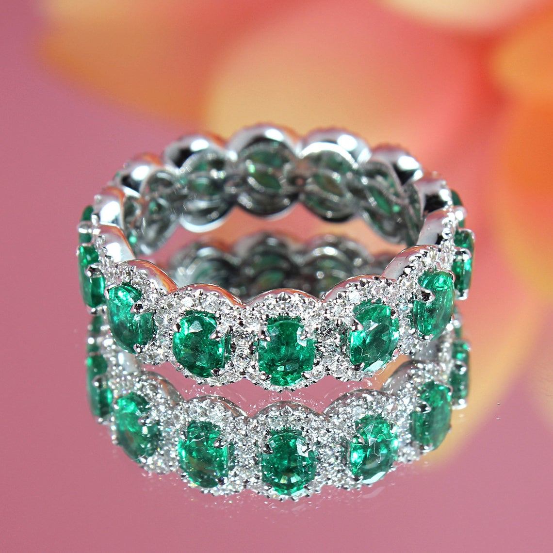 2.50 ct. Genuine Oval Emerald Eternity Ring With 0.70 ct. Diamond Halo-VIRABYANI