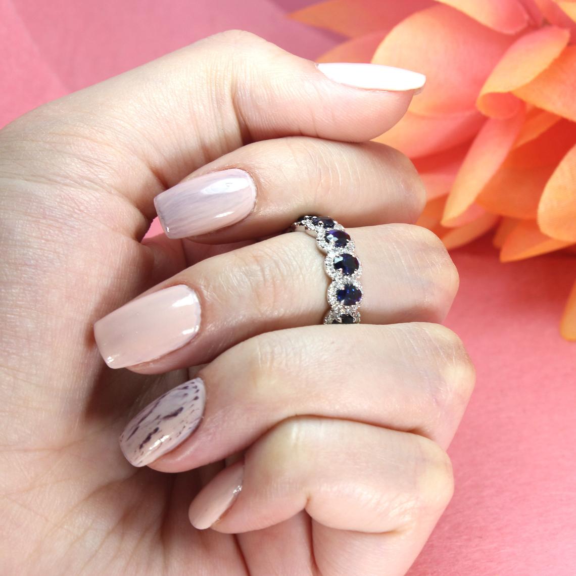 3.05 ct. Genuine Blue Oval Sapphire Eternity Ring With 0.68 ct. Diamonds Halo-VIRABYANI