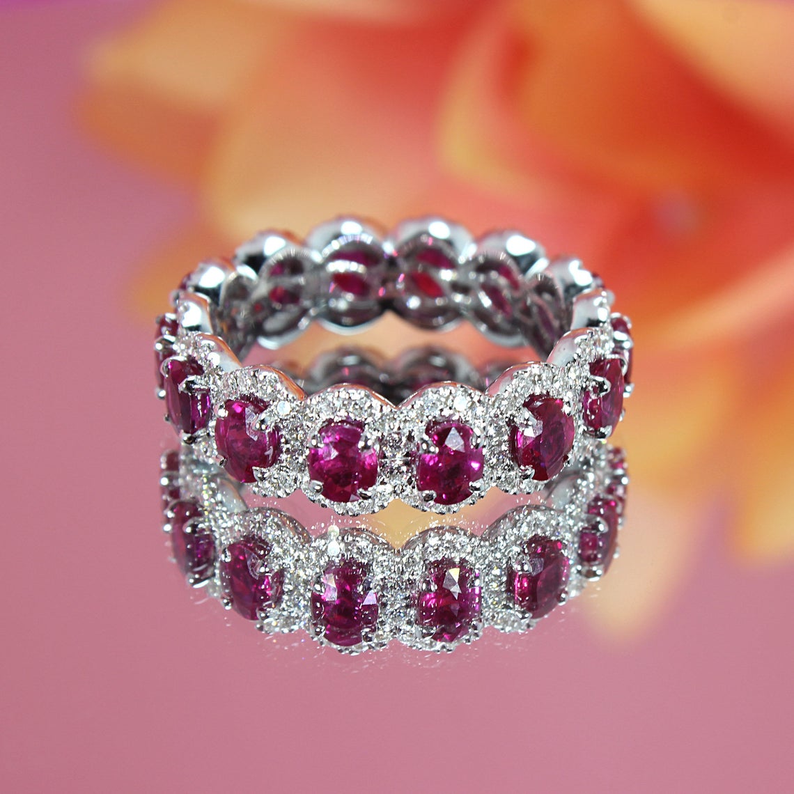 3.17 ct. Genuine Oval Ruby Eternity Ring With 0.79 ct. Diamond Halo-VIRABYANI