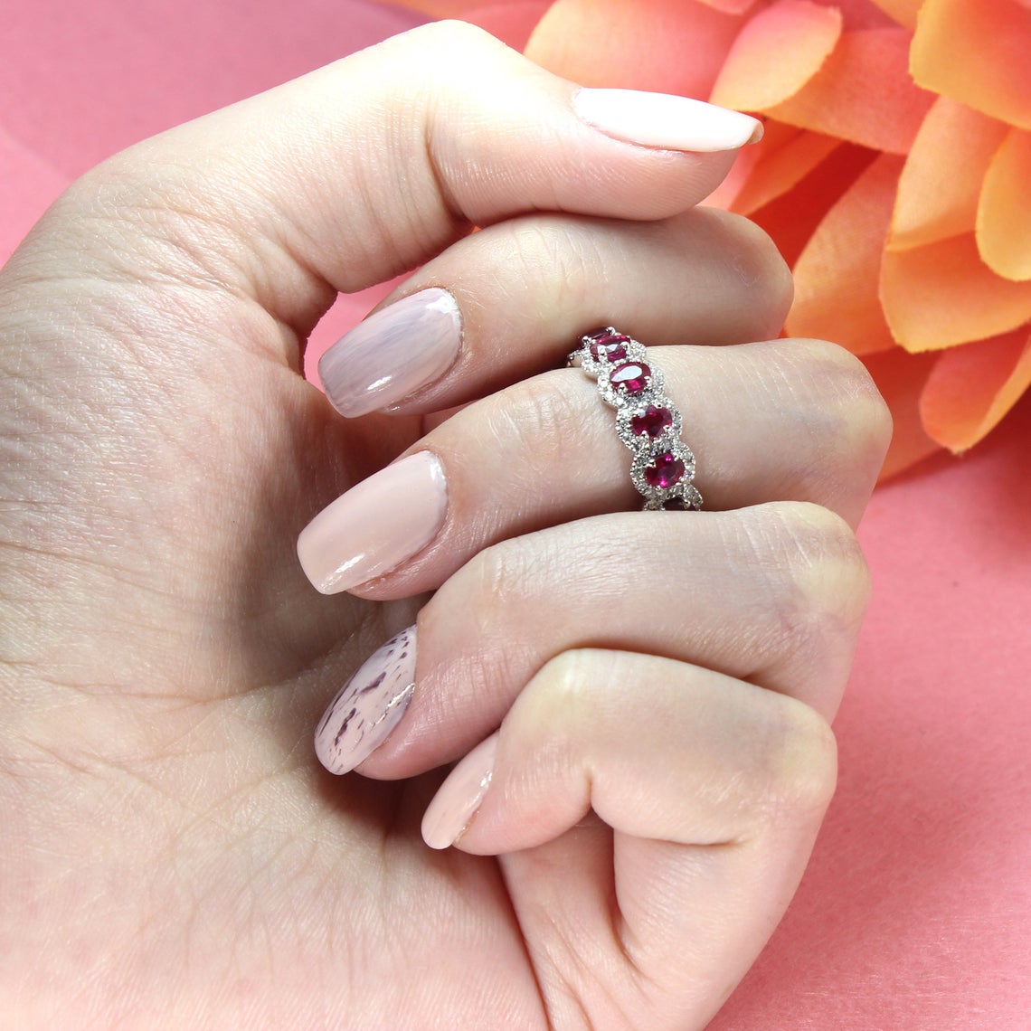 3.17 ct. Genuine Oval Ruby Eternity Ring With 0.79 ct. Diamond Halo-VIRABYANI