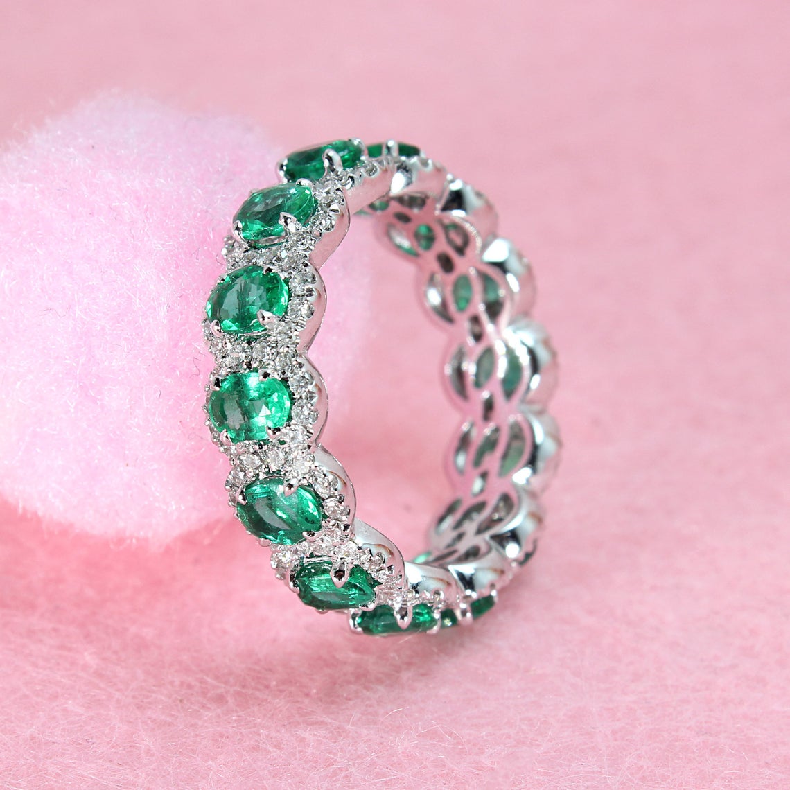 2.50 ct. Genuine Oval Emerald Eternity Ring With 0.70 ct. Diamond Halo-VIRABYANI