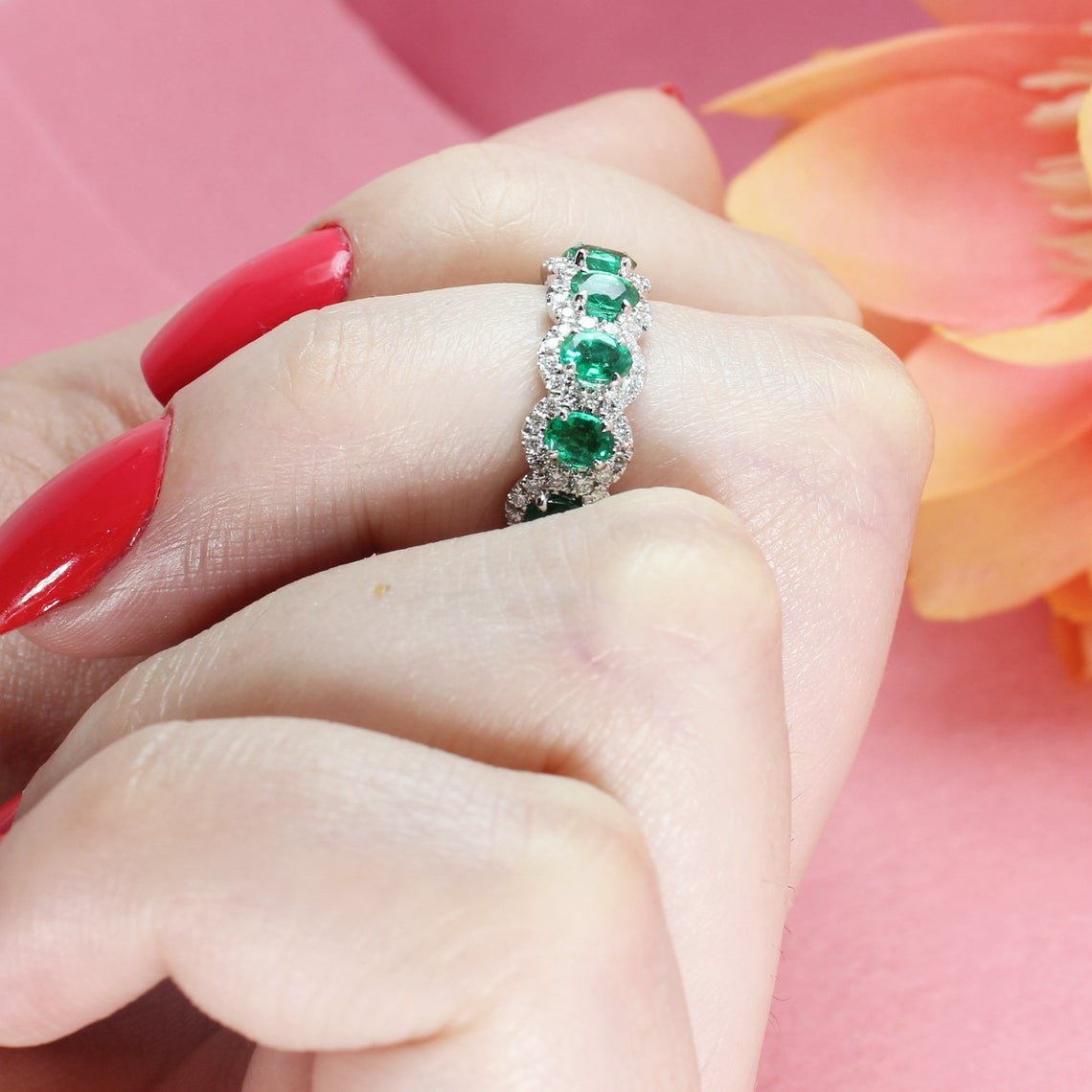 2.50 ct. Genuine Oval Emerald Eternity Ring With 0.70 ct. Diamond Halo-VIRABYANI