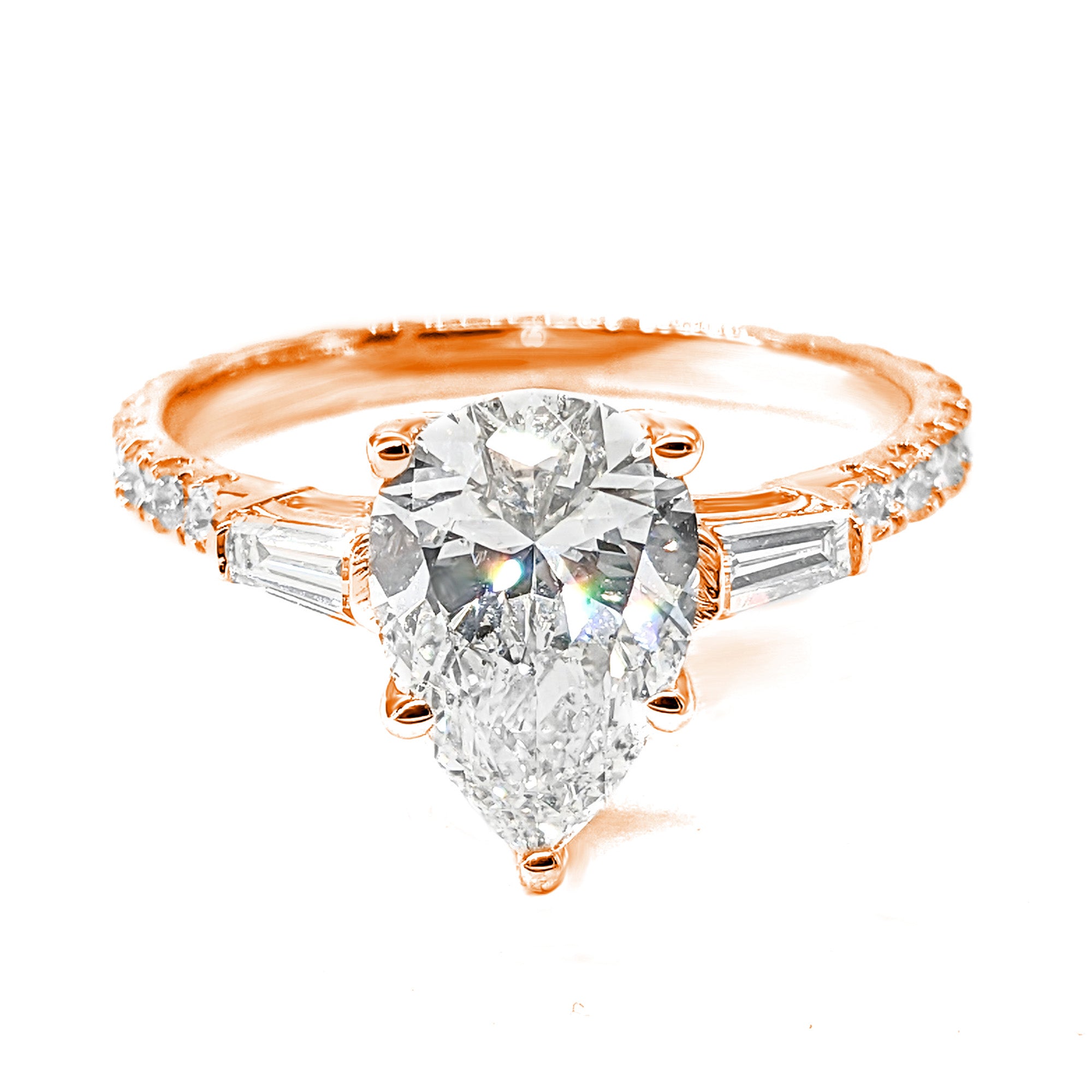 2.00 ctw Pear Diamond Three-Stone Engagement Ring Side Tapered Baguettes-VIRABYANI