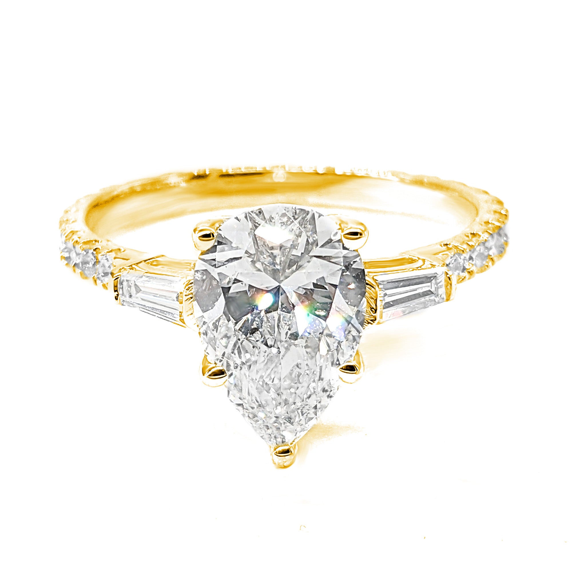 2.00 ctw Pear Diamond Three-Stone Engagement Ring Side Tapered Baguettes-VIRABYANI